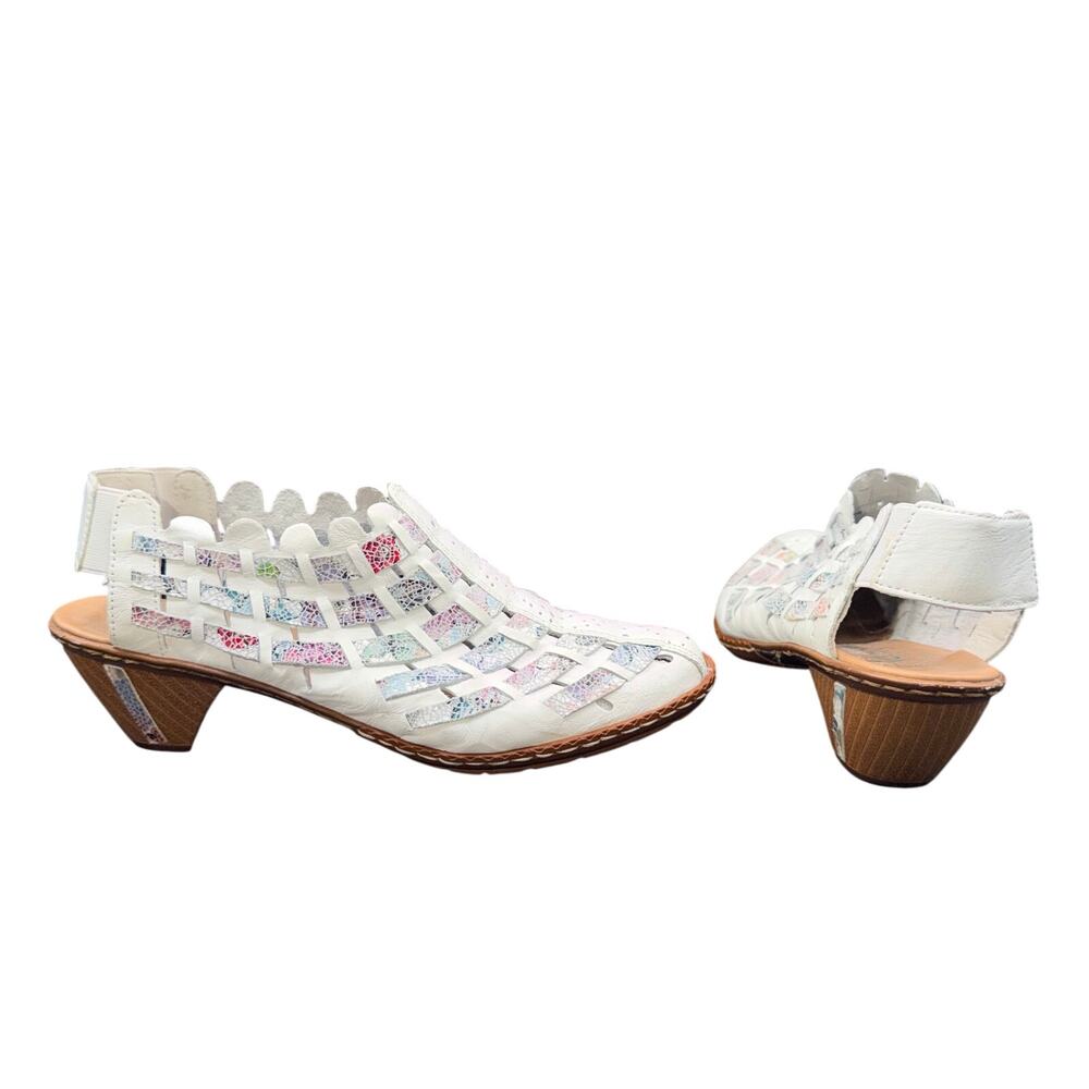 Rieker Sina 78 White Mosaic Leather Slingback Heels EU 37 US 6